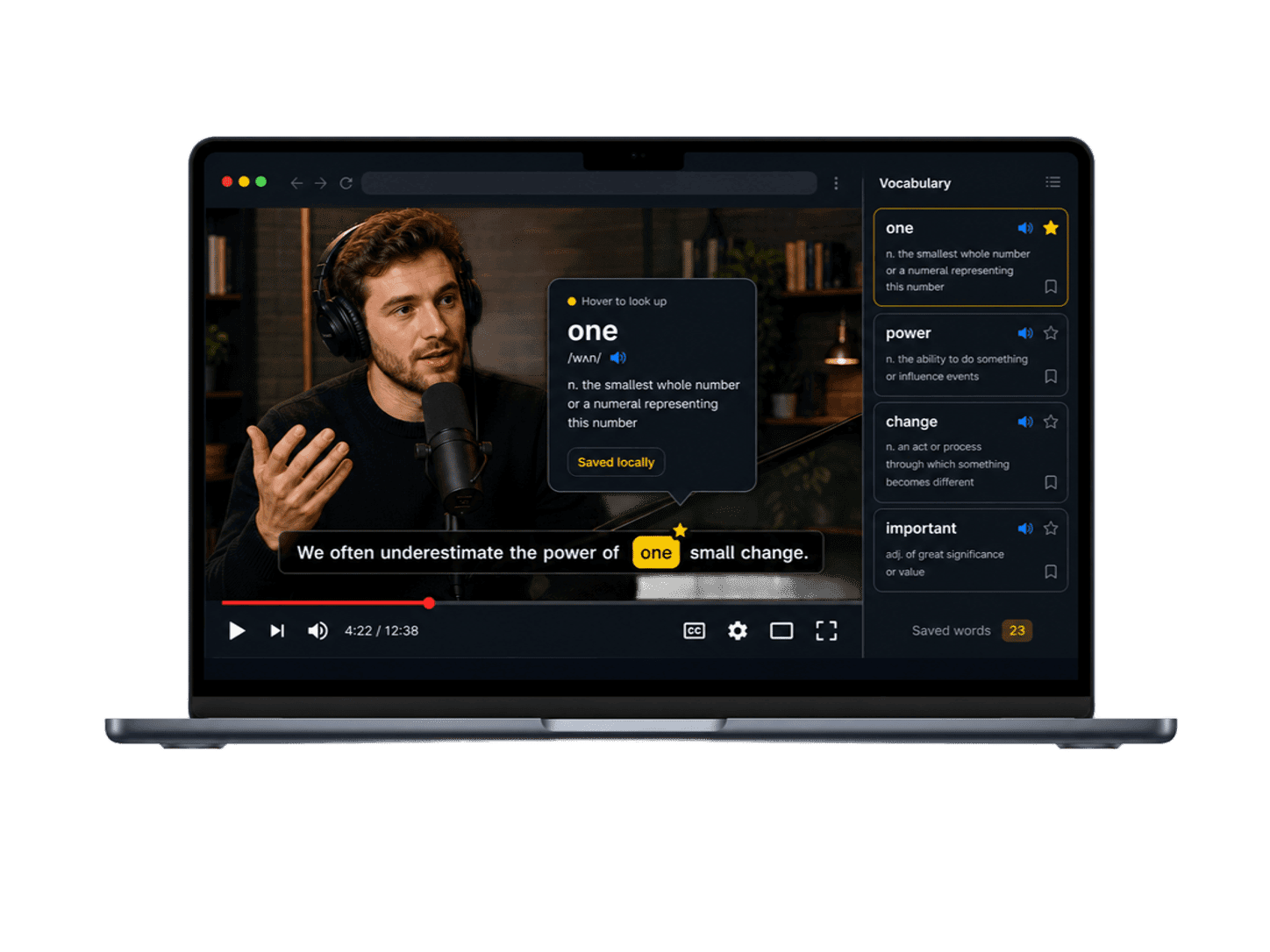 EnglishCC showing a YouTube-style video with hover word lookup and a vocabulary sidebar.